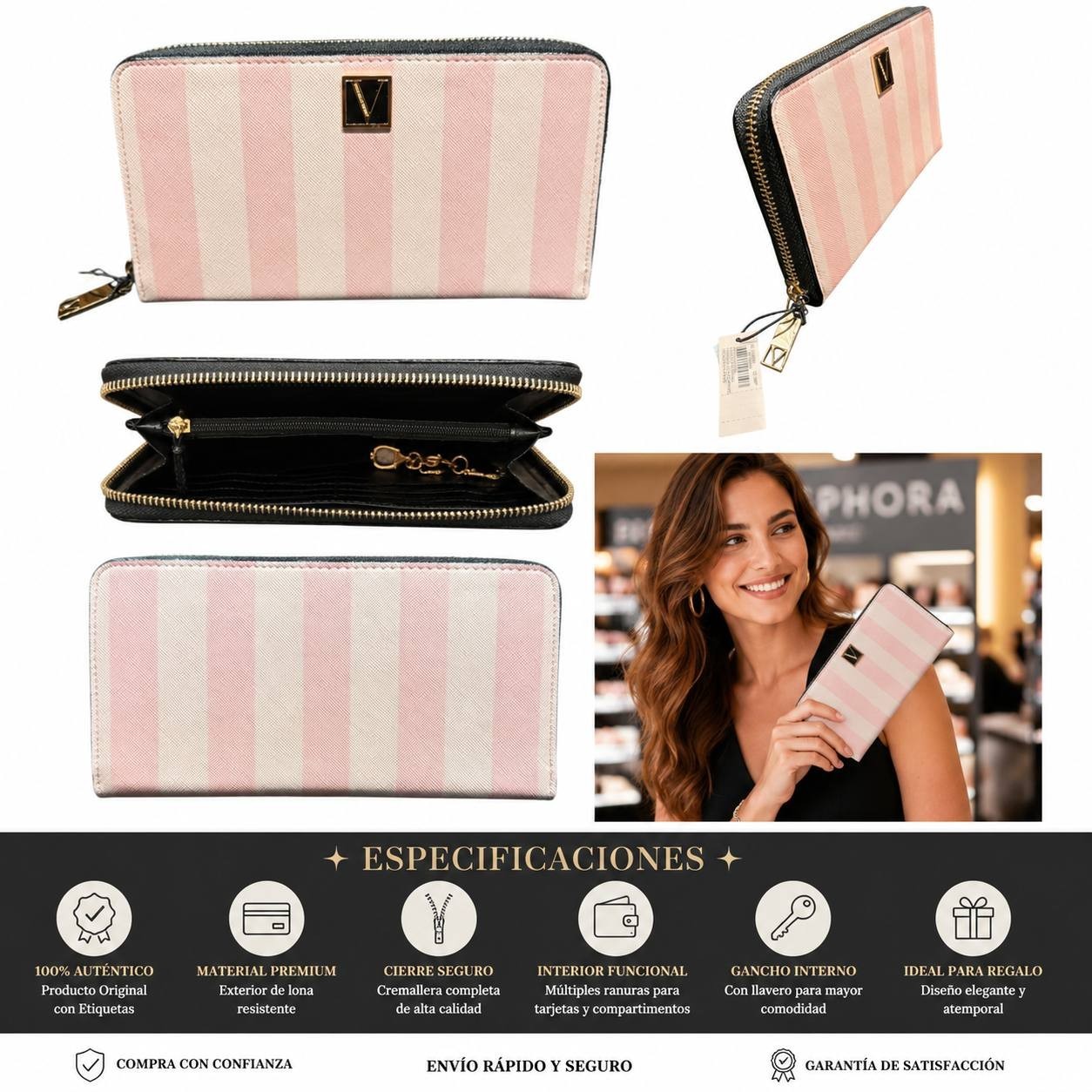 Victoria’s Secret Pink Stripe Zip Around Wallet Clutch NWT Gold Logo