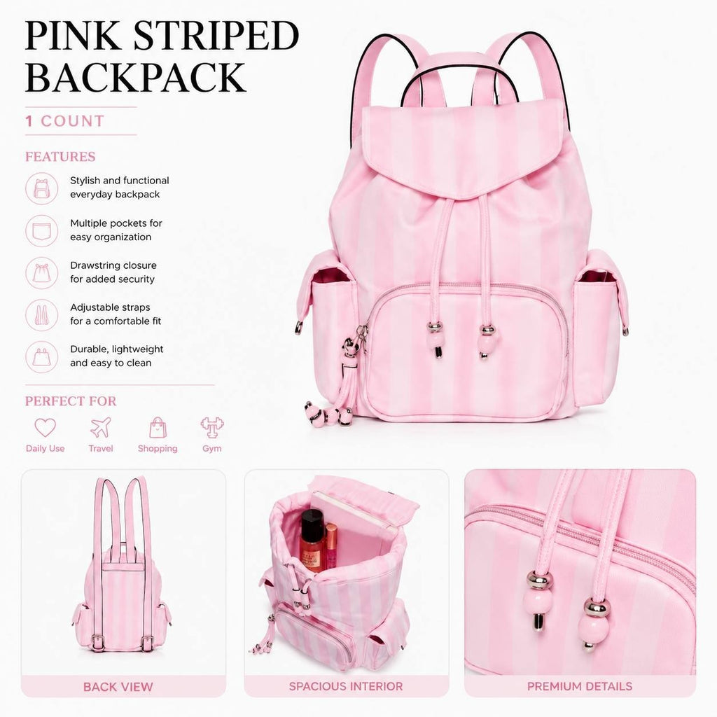 Victoria’s Secret Pink Striped Mini Backpack Drawstring Travel Casual Bag NWT