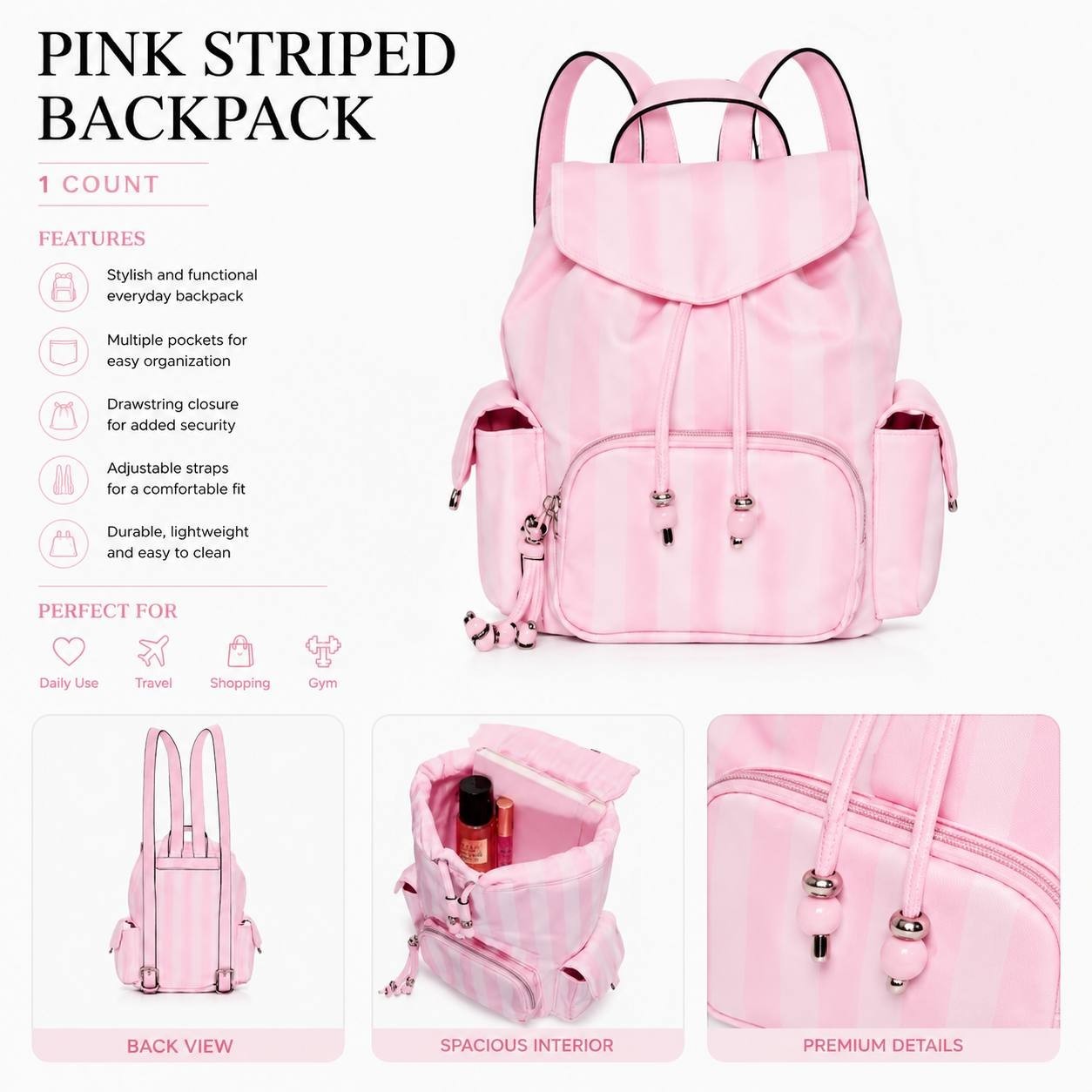 Victoria’s Secret Pink Striped Mini Backpack Drawstring Travel Casual Bag NWT