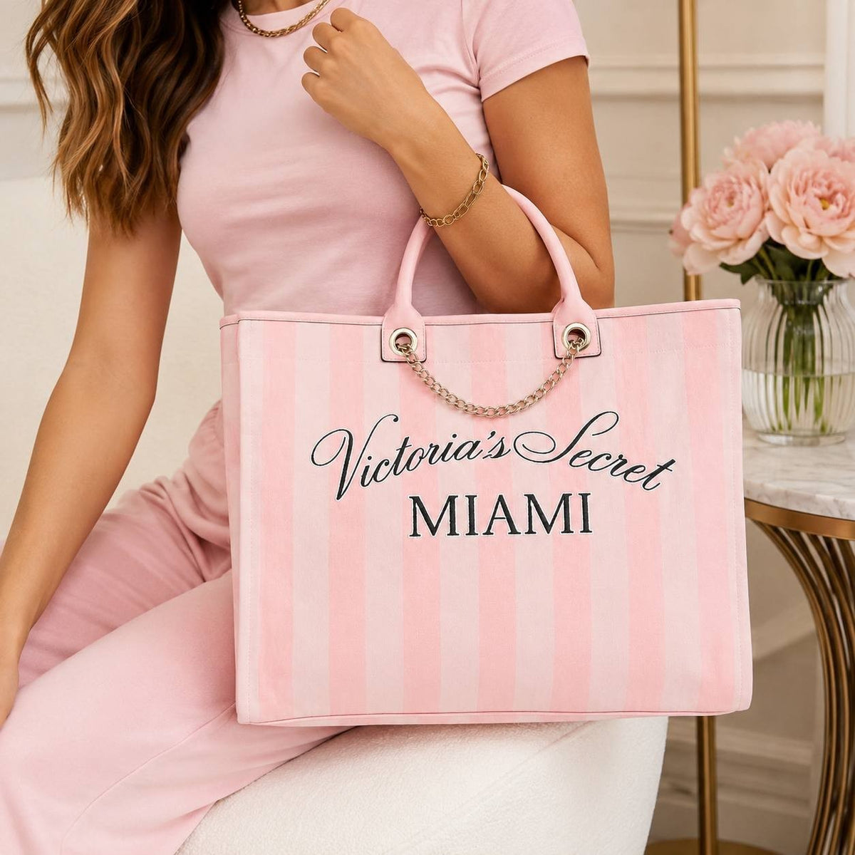 Victoria’s Secret Miami Pink Stripe Tote Bag Large Chain Handle Travel Beach