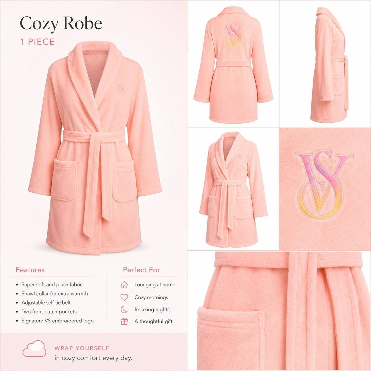 Victoria’s Secret Plush Fleece Robe Pink Soft Belted Bathrobe Women’s