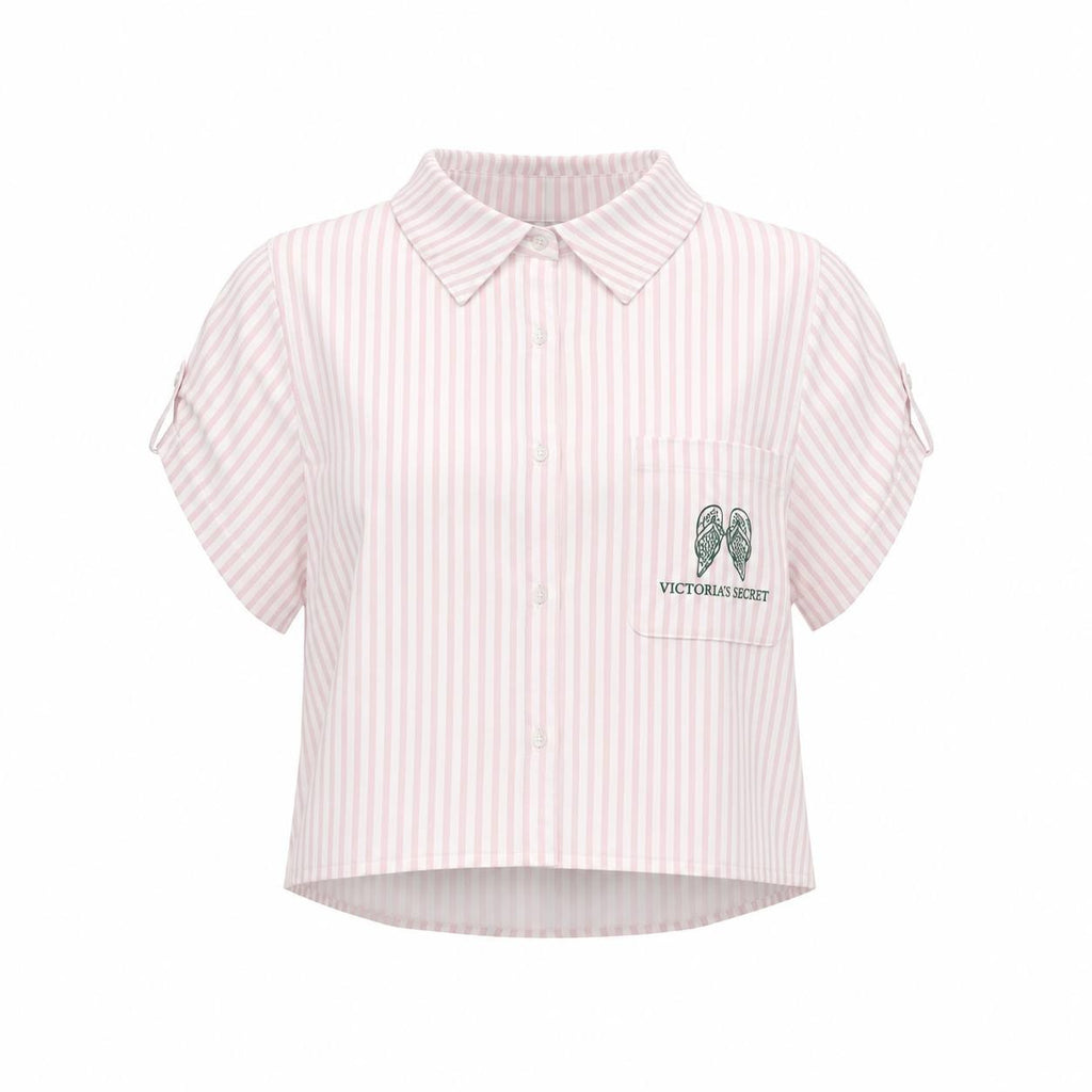 Victoria’s Secret Beachwear Heritage Stripe Linen Boxy Crop Top Pink M NWT