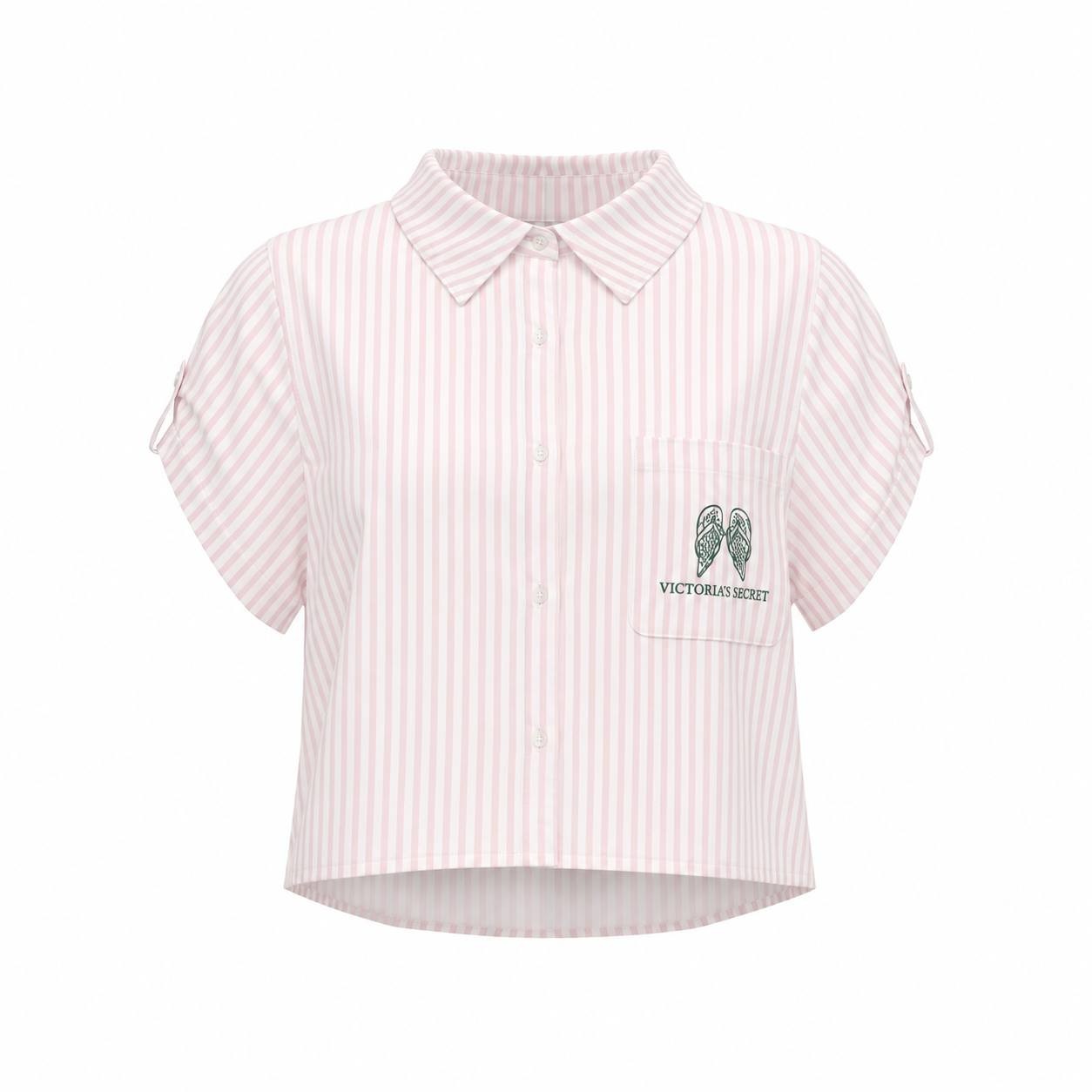 Victoria’s Secret Beachwear Heritage Stripe Linen Boxy Crop Top Pink M NWT