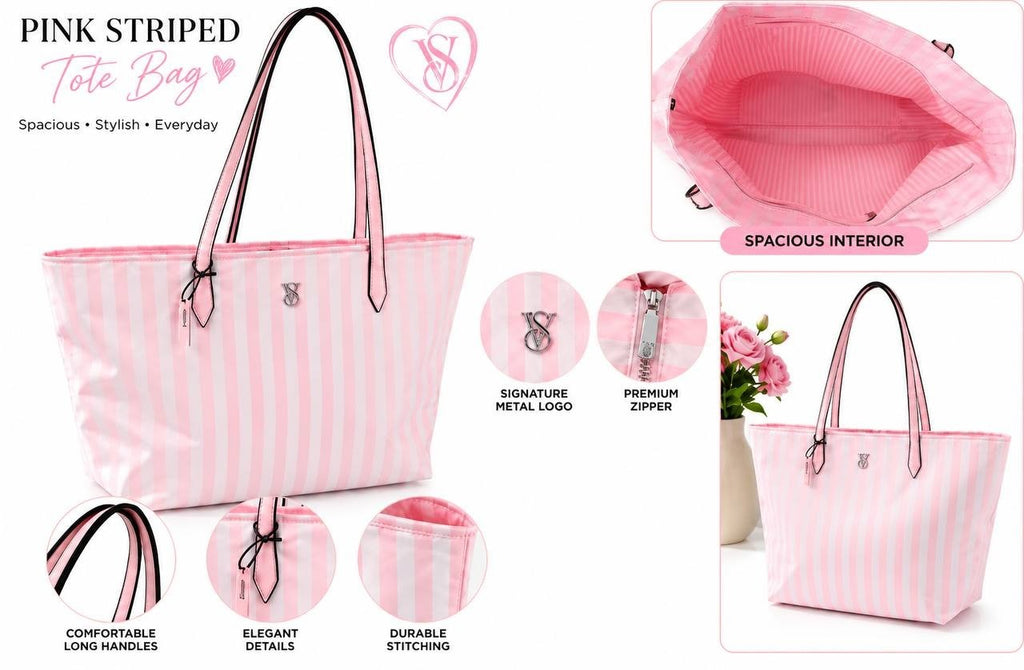 Victoria’s Secret Pink Striped Tote Bag Large Zip Closure Travel Shoulder Bag