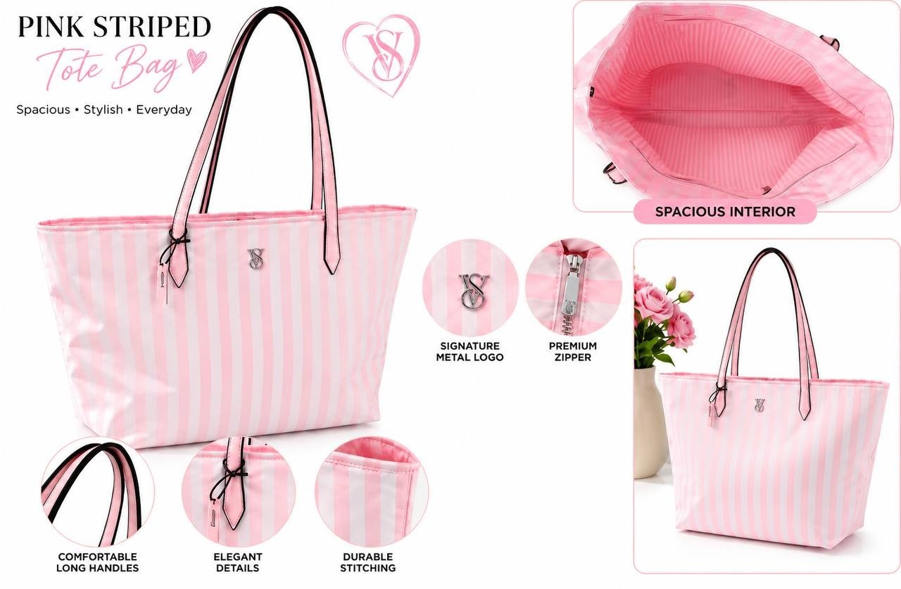 Victoria’s Secret Pink Striped Tote Bag Large Zip Closure Travel Shoulder Bag