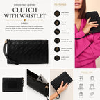 Victoria’s Secret Black Woven Faux Leather Wristlet Clutch Zip Pouch Gold Tone