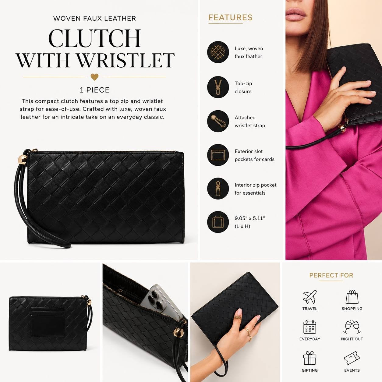 Victoria’s Secret Black Woven Faux Leather Wristlet Clutch Zip Pouch Gold Tone