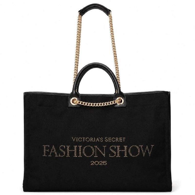 Victoria’s Secret Fashion Show 2025 Black Tote Bag Gold Chain Large Canvas New