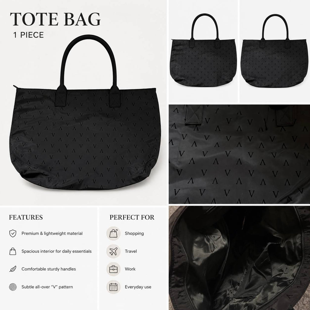 Victoria’s Secret Black Monogram Large Tote Bag Zip Closure Travel Shopper