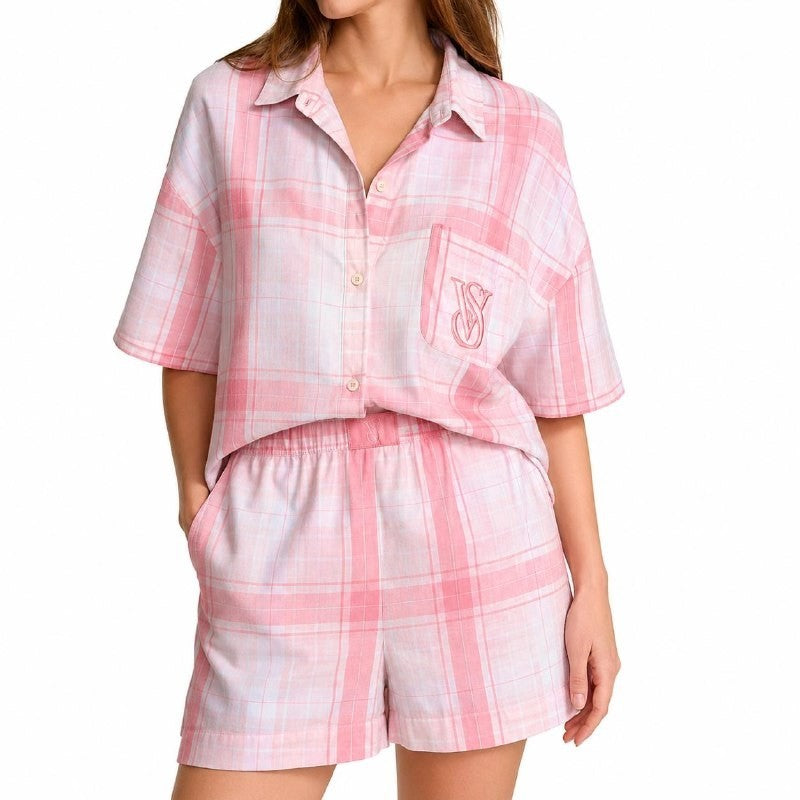 Victoria’s Secret Modal Cotton Short Pajama Set Pink Plaid 2 Piece Sleepwear NWT
