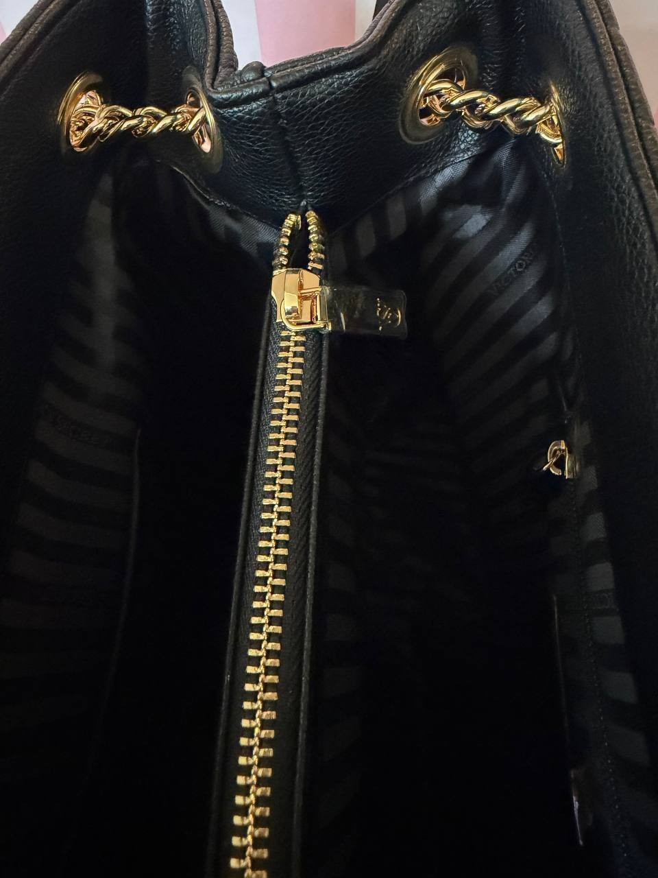 Victoria Secret Black Quilted Tote Bag Gold Chain Large Shoulder Bag NWT