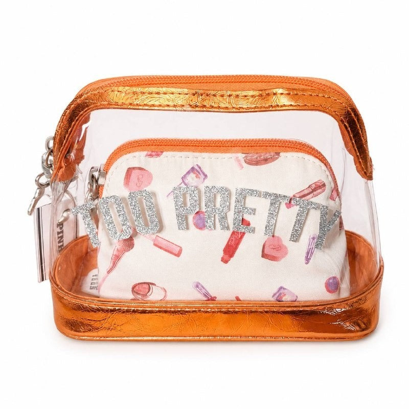 PINK Victoria’s Secret Too Pretty 2PC Cosmetic Makeup Bag Set Orange Clear