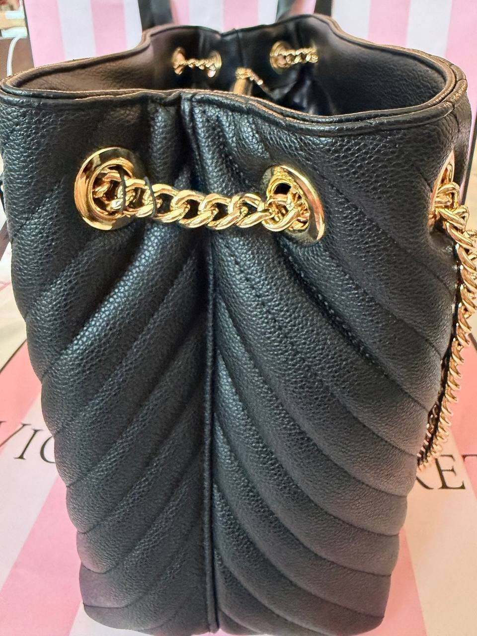 Victoria Secret Black Quilted Tote Bag Gold Chain Large Shoulder Bag NWT