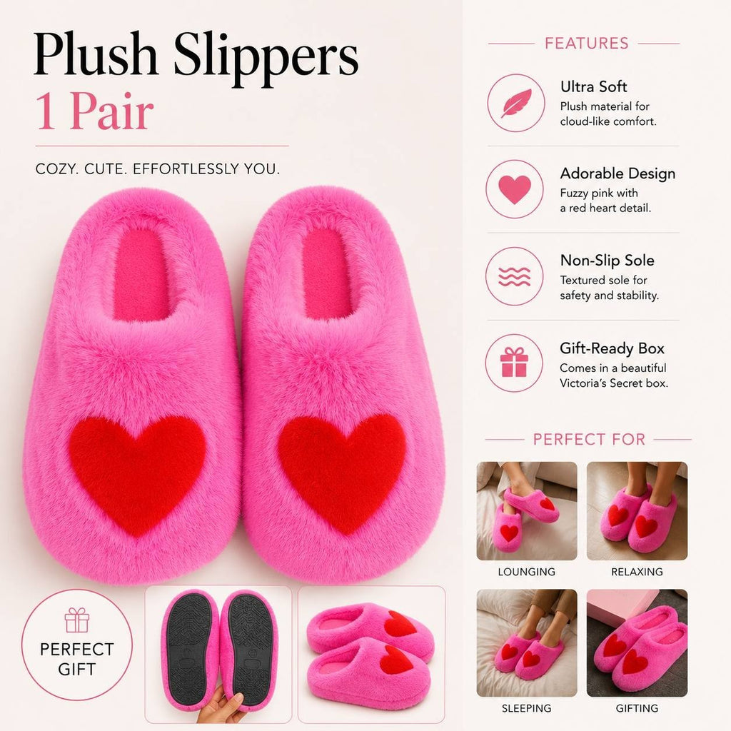 Victoria’s Secret Plush Heart Slippers Women’s Cozy Fuzzy House Shoes Pink