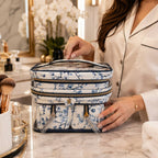 Victoria’s Secret 3-Piece Floral Travel Cosmetic Bag Set Clear Train Case Blue N
