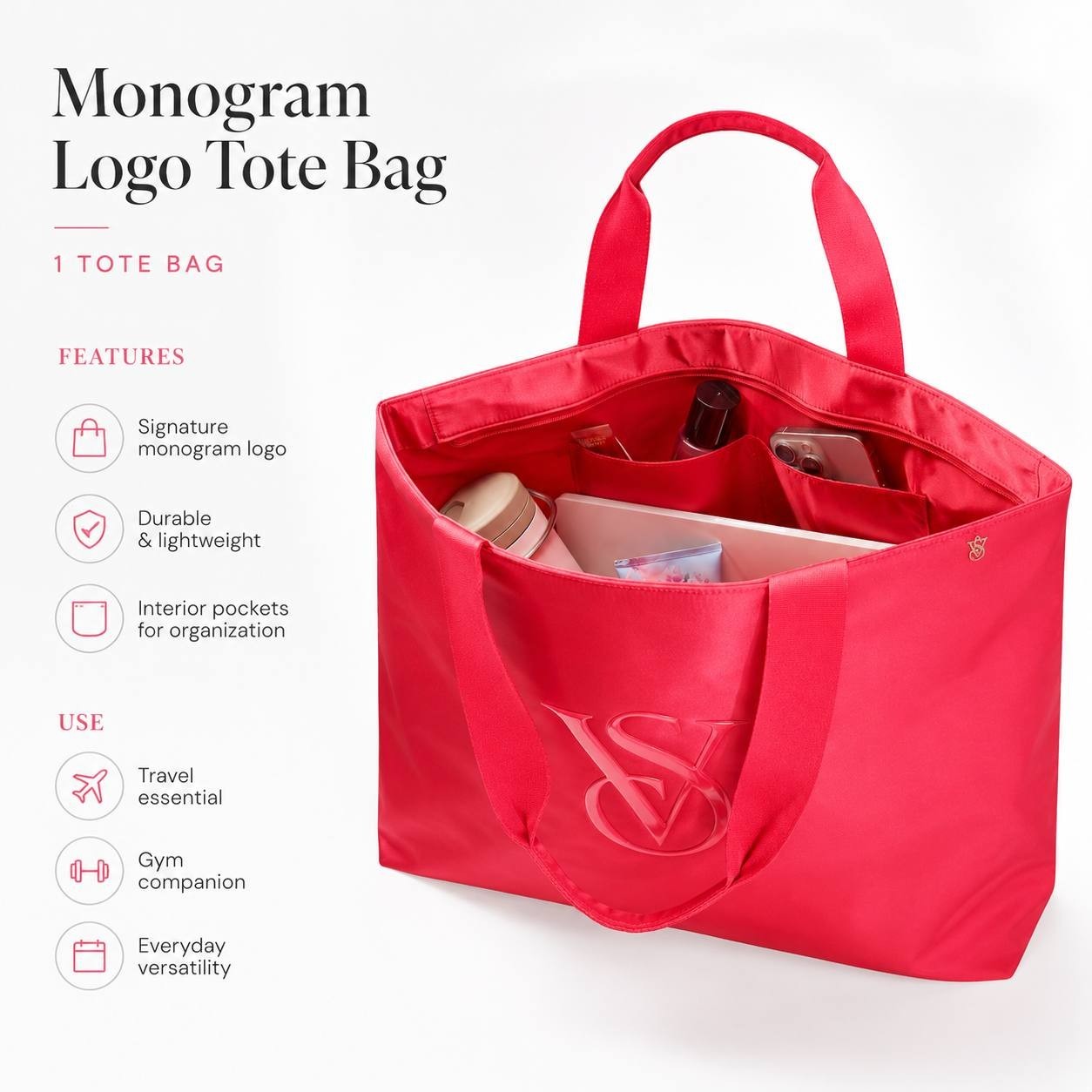 Victoria’s Secret Monogram Logo Tote Bag Pink Large Travel Gym Shoulder Bag NWT