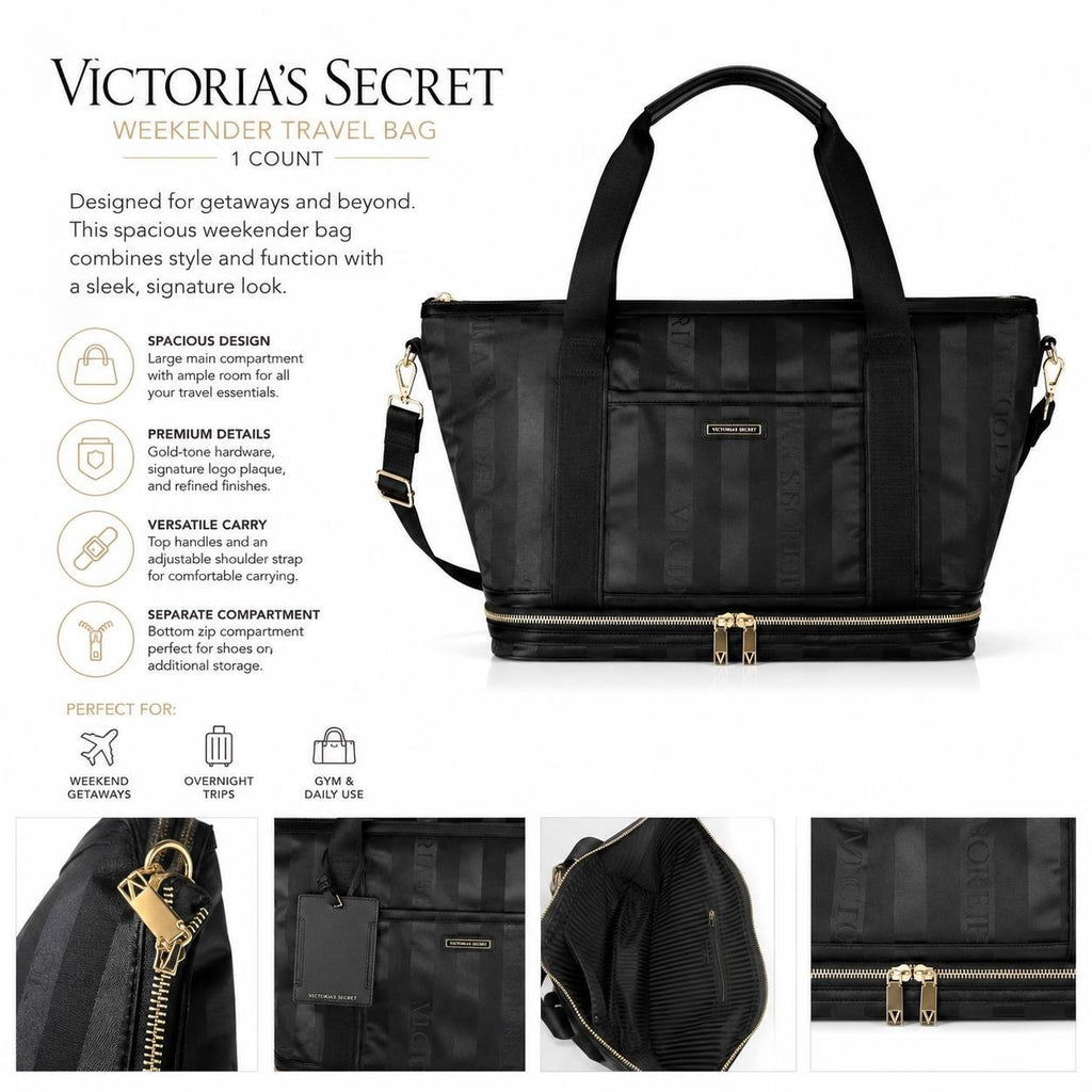 Victoria’s Secret Black Weekender Travel Tote Bag Expandable Carry-On NWT