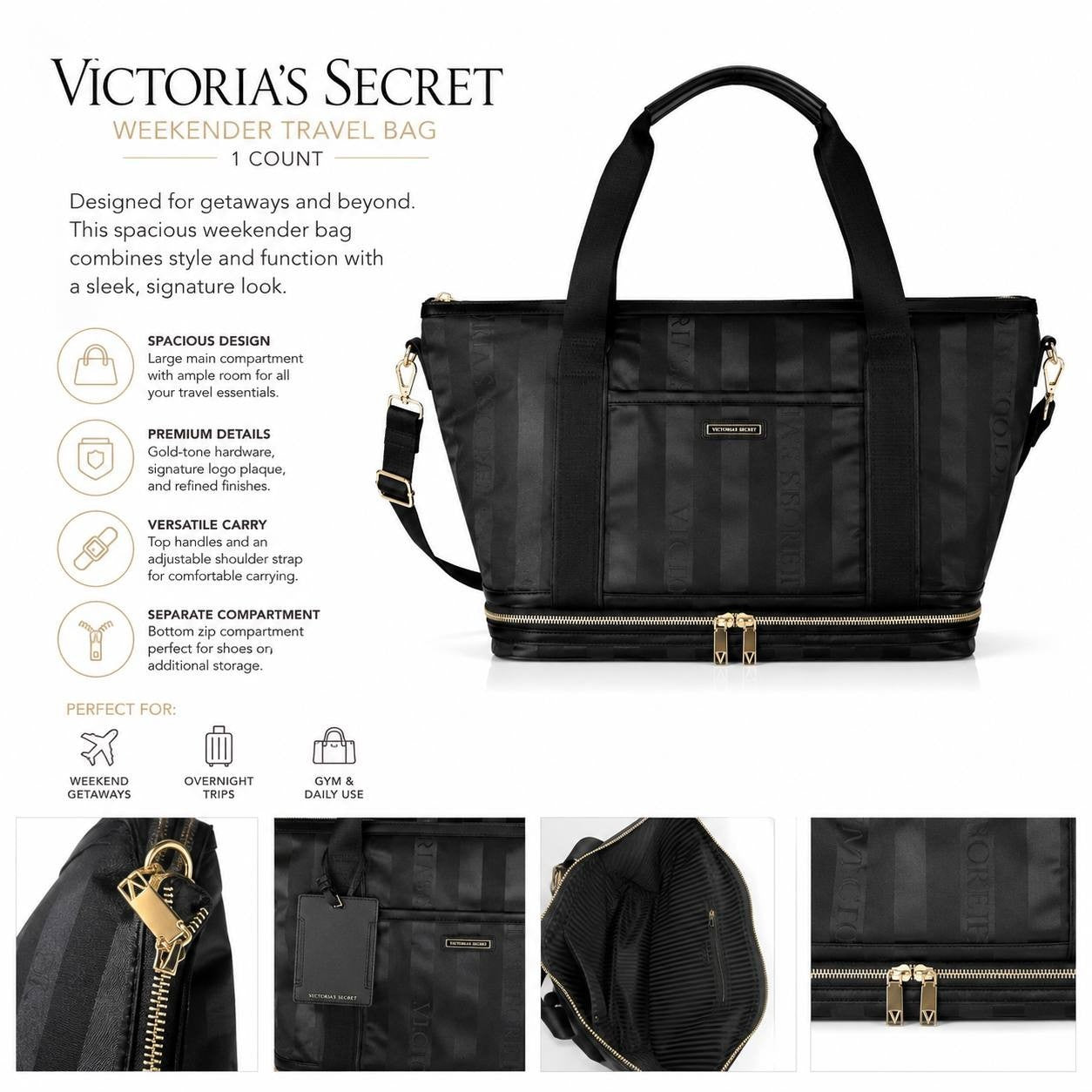 Victoria’s Secret Black Weekender Travel Tote Bag Expandable Carry-On NWT