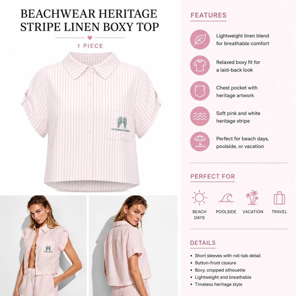 Victoria’s Secret Beachwear Heritage Stripe Linen Boxy Crop Top Pink M NWT