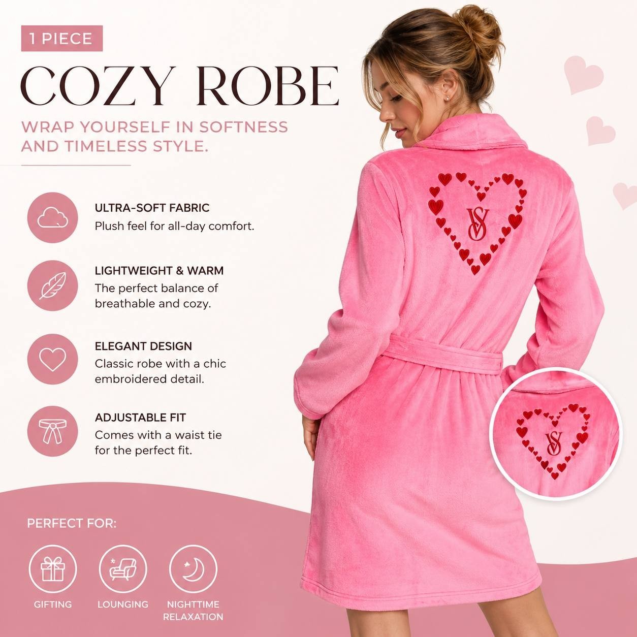 Victoria’s Secret Pink Plush Heart Robe Soft Fleece Belted Bathrobe NWT XS