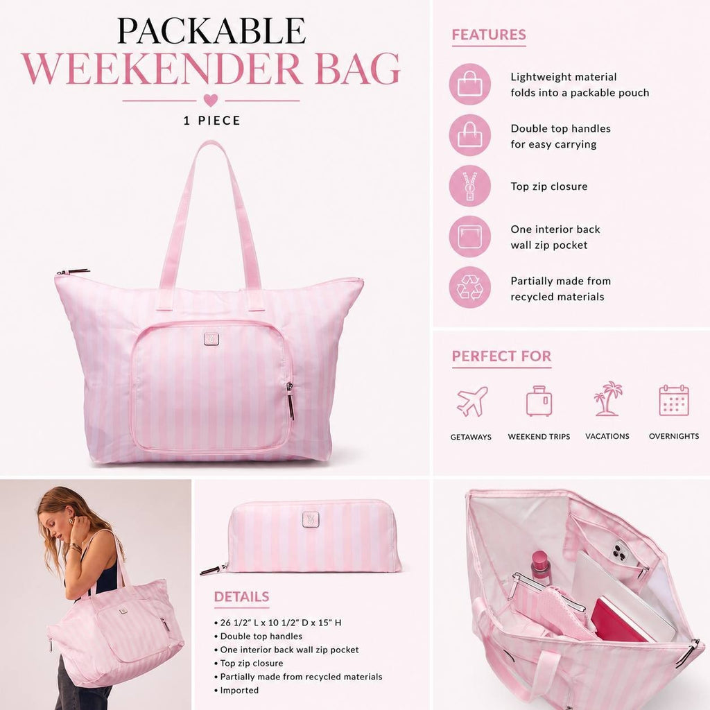 Victoria’s Secret Pink Packable Weekender Tote Bag Travel Duffel Striped Pink NE