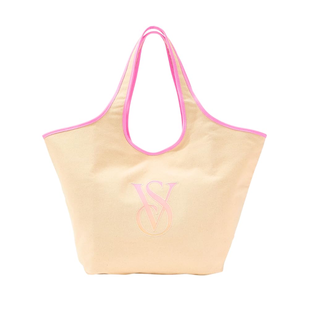 Victoria's Secret Ombré Monogram Logo Tote Bag – Women’s Summer Beach Tote with Gradient Print & Faux Leather Trim