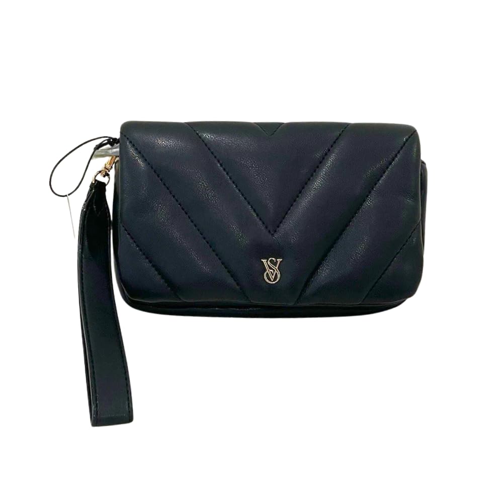 Victoria's Secret Quilted Phone Wristlet for Women – Black Leather Wallet and Clutch with Detachable Strap and VS Logo