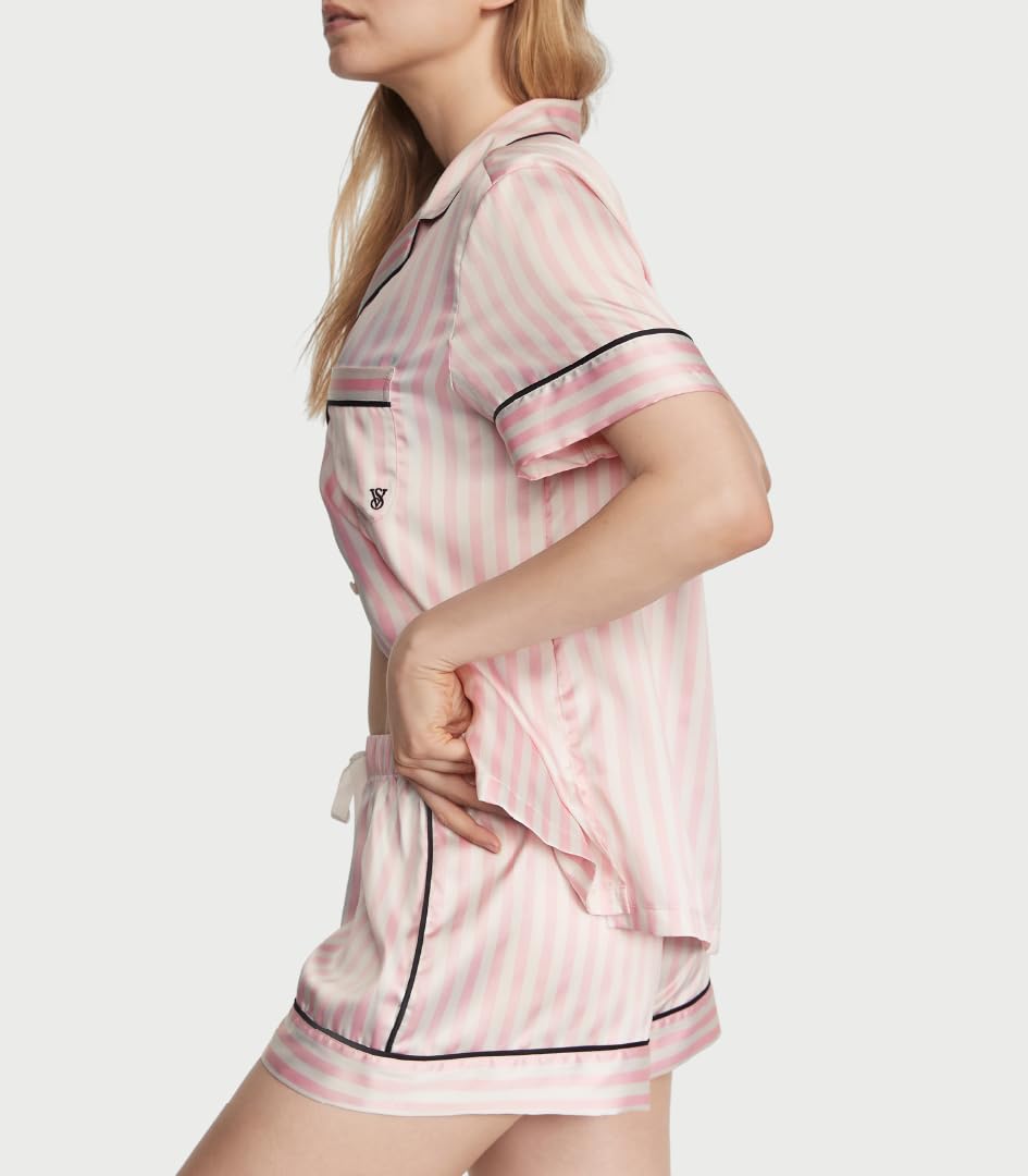 Victoria's Secret Satin Pajama Set, Short Sleeve Button Down & Shorts, Pajamas for Women, Pink Iconic Stripe, XXL