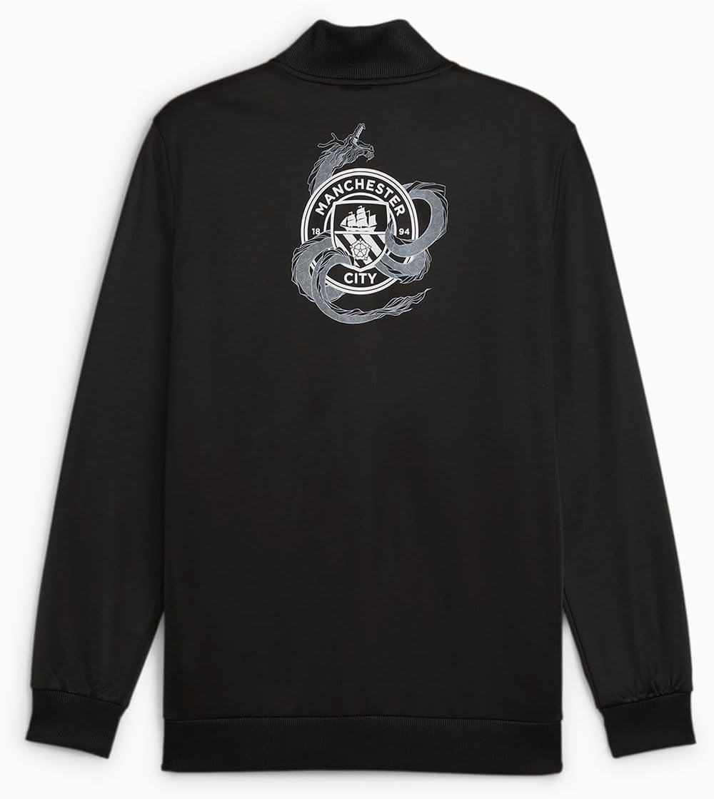 PUMA Men's Soccer Manchester City Year of The Dragon Jacket - Dragon Graphic, Comfort Fit, Made with Recycled Materia (US, Alpha, Small, Regular, Regular, Black)