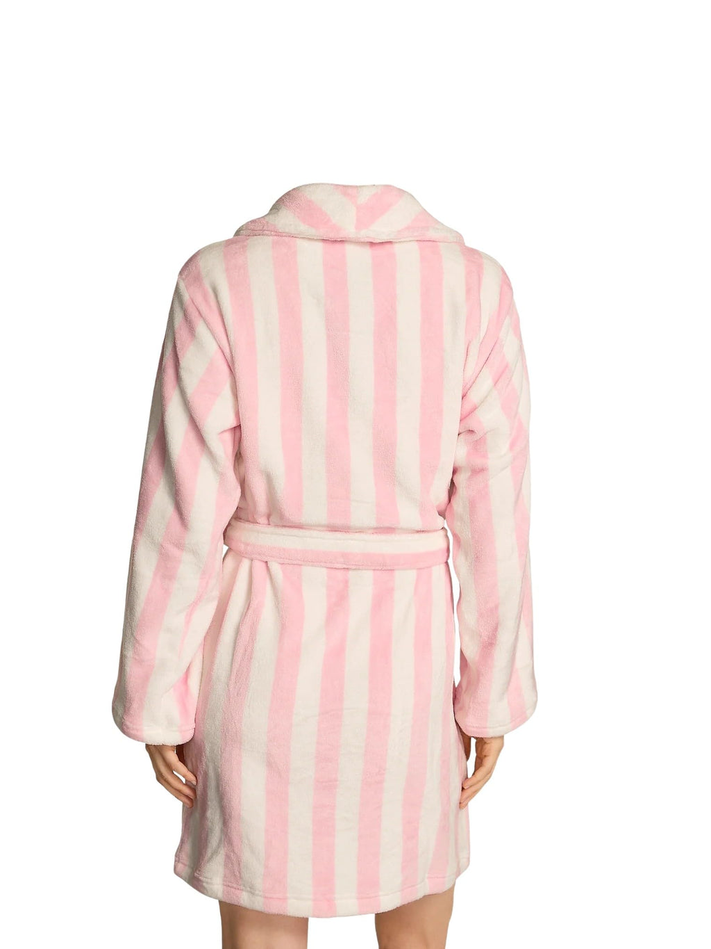 Victoria's Secret Short Cozy Plush Fleece Robe Pink White Stripe Soft Lounge Belted Bathrobe New