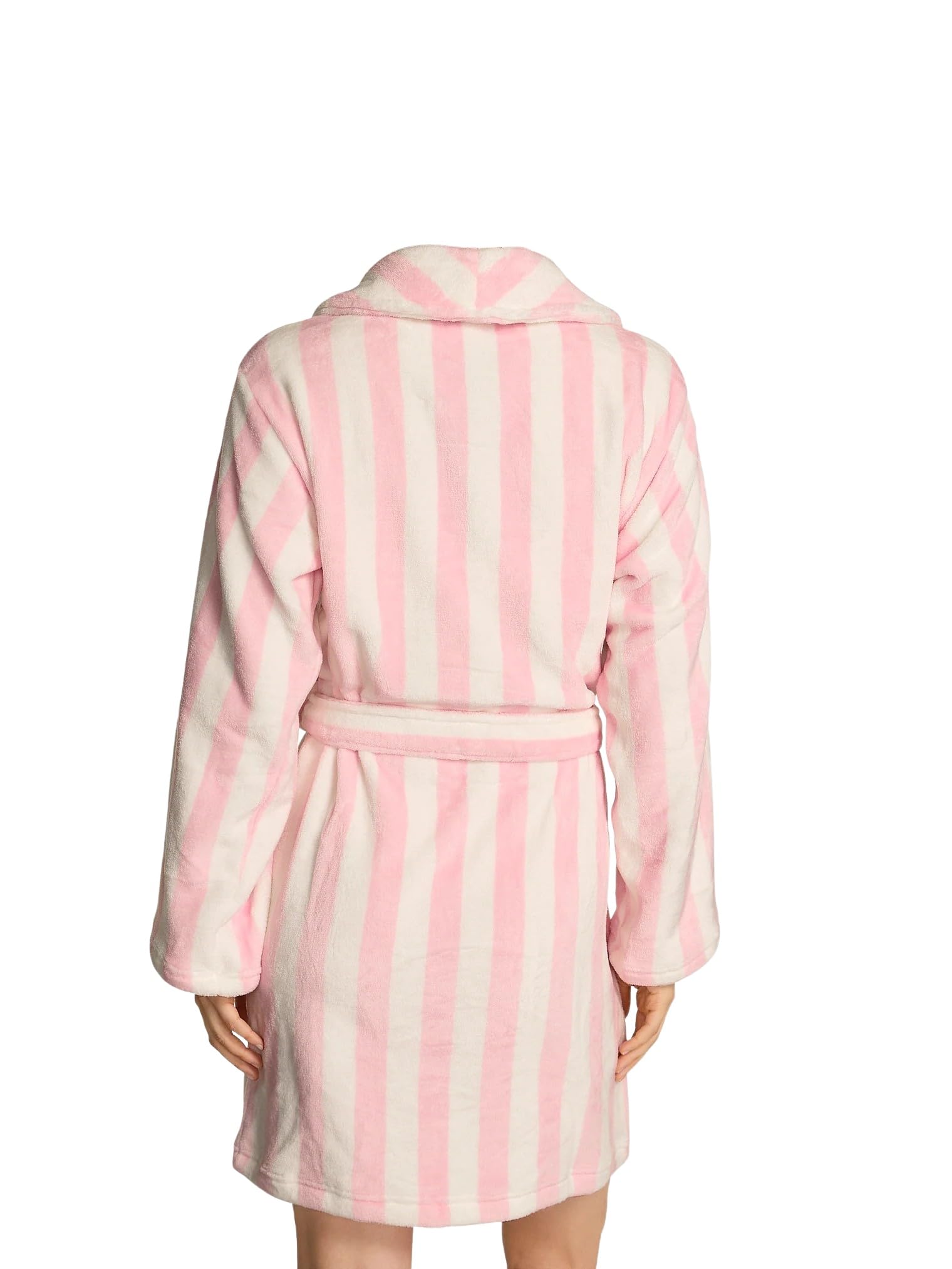 Victoria's Secret Short Cozy Plush Fleece Robe Pink White Stripe Soft Lounge Belted Bathrobe New