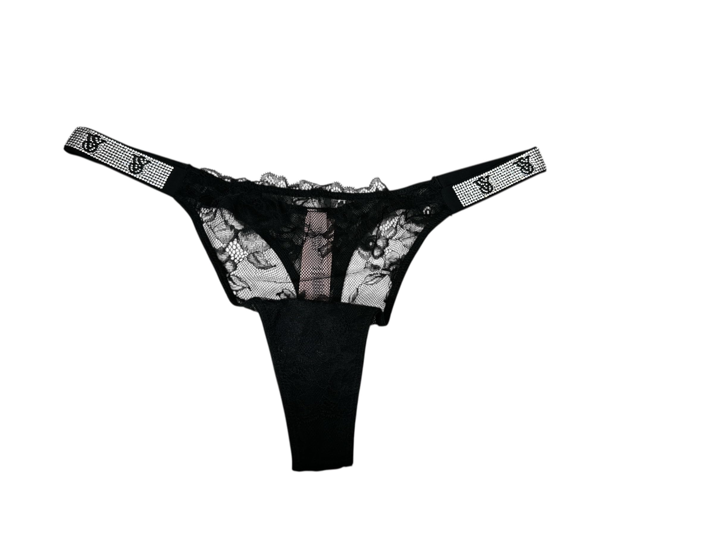 Victoria's Secret Very Sexy Lace Thong Panty Black Shine Strap New