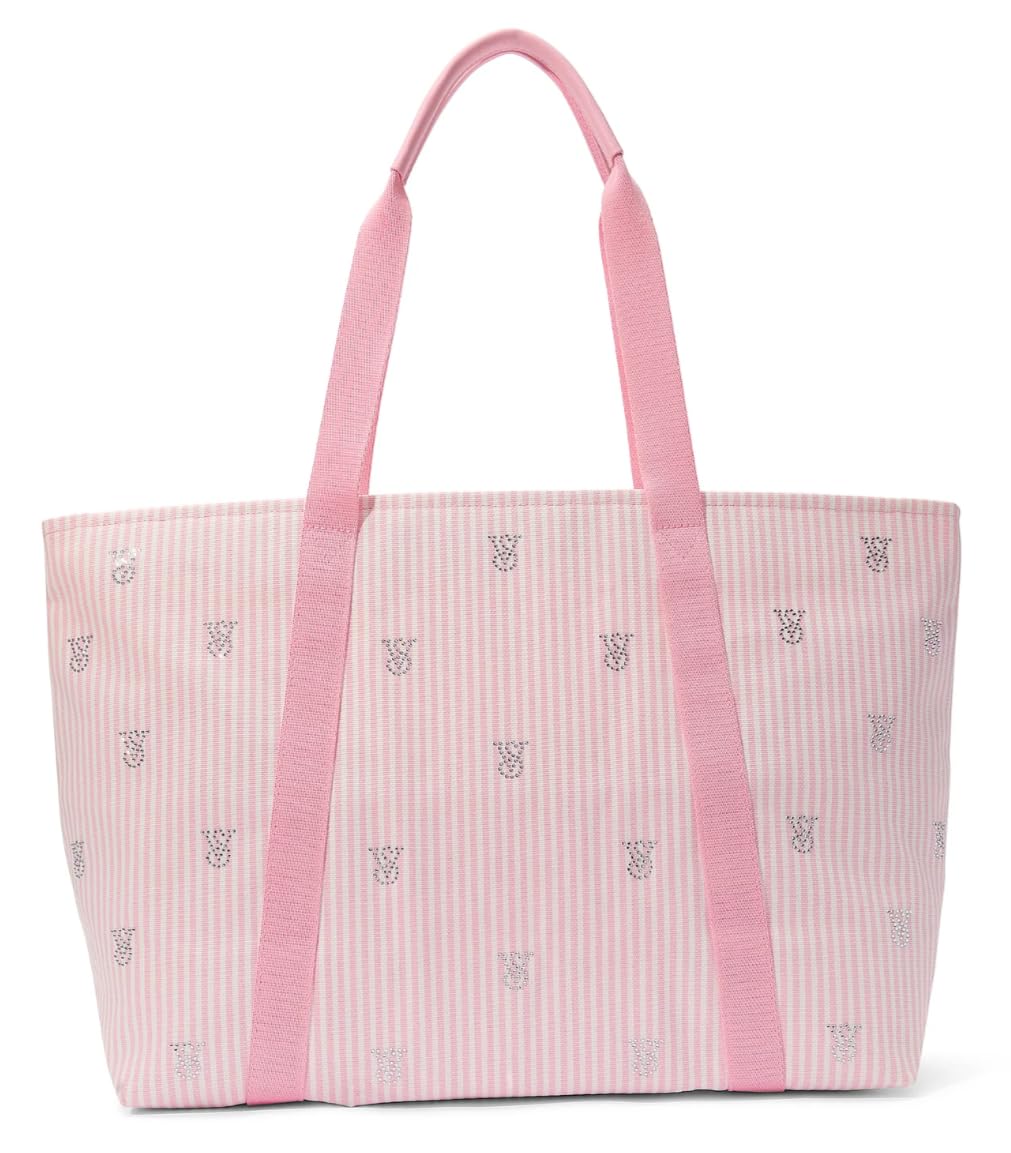 Victoria's Secret VS Logo Rhinestone Heritage Stripe Tote Bag Pink White Large Carryall New