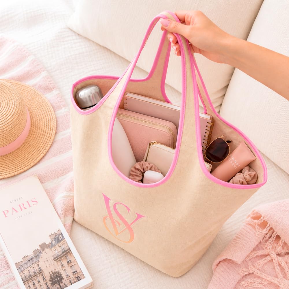 Victoria's Secret Ombré Monogram Logo Tote Bag – Women’s Summer Beach Tote with Gradient Print & Faux Leather Trim