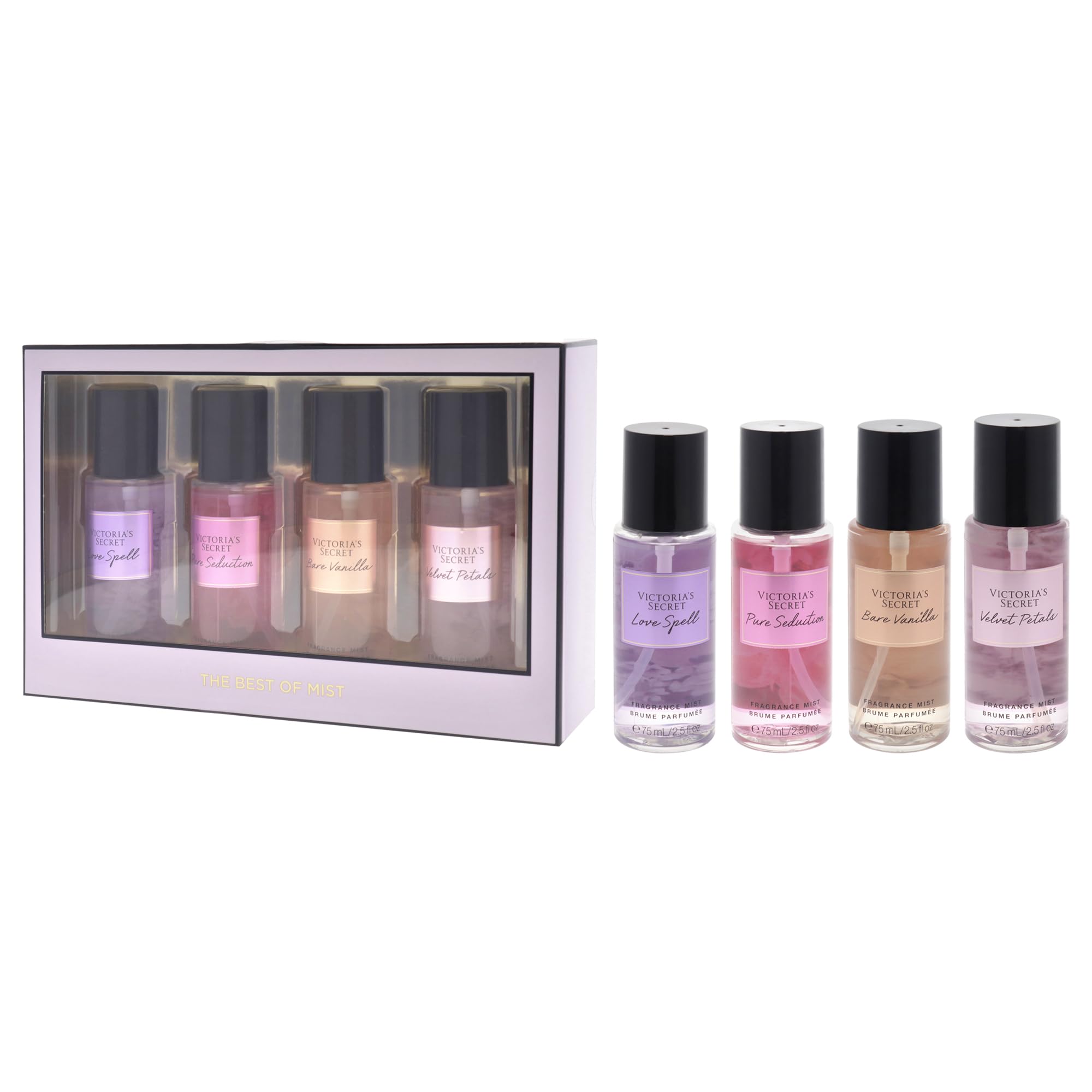 Victorias Secret The Best of Mist Set for Women - 4 Pc Gift Set with Love Spell & Pure Seduction Fragrance Mists