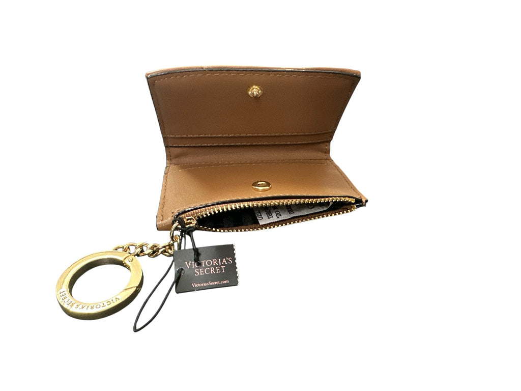 Victoria's Secret Women's Quilted Foldover Card Case Keychain Wallet, Compact Mini Coin Purse with Zipper Pocket, Brown New