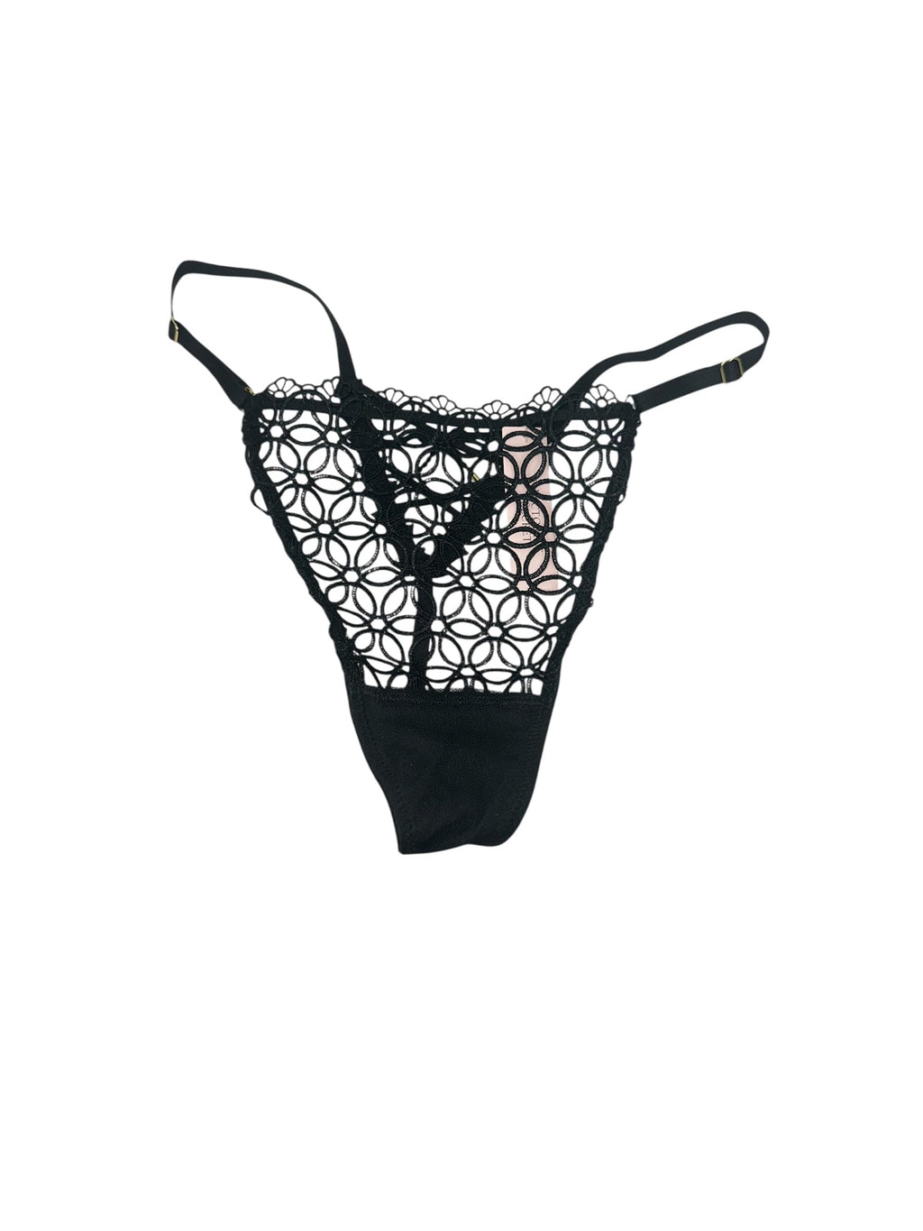 Victoria's Secret Very Sexy Geo Daisy Lace Adjustable V-String Panty Color Black New (US, Alpha, Large, Regular, Regular, Black)