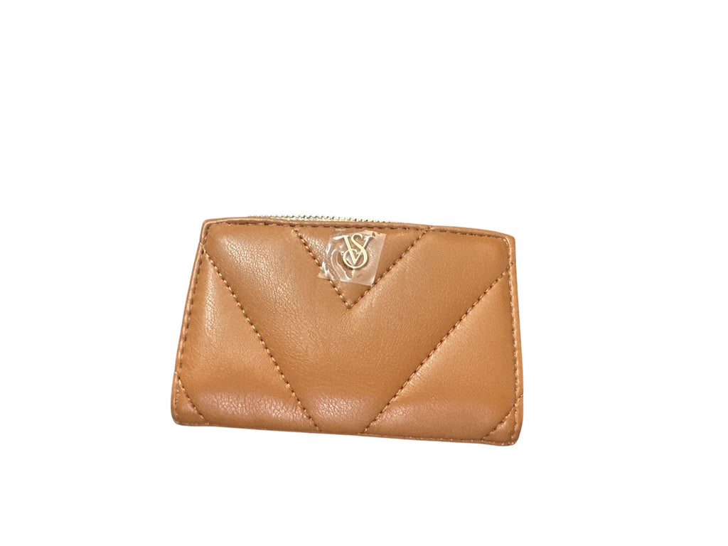 Victoria's Secret Women's Quilted Foldover Card Case Keychain Wallet, Compact Mini Coin Purse with Zipper Pocket, Brown New