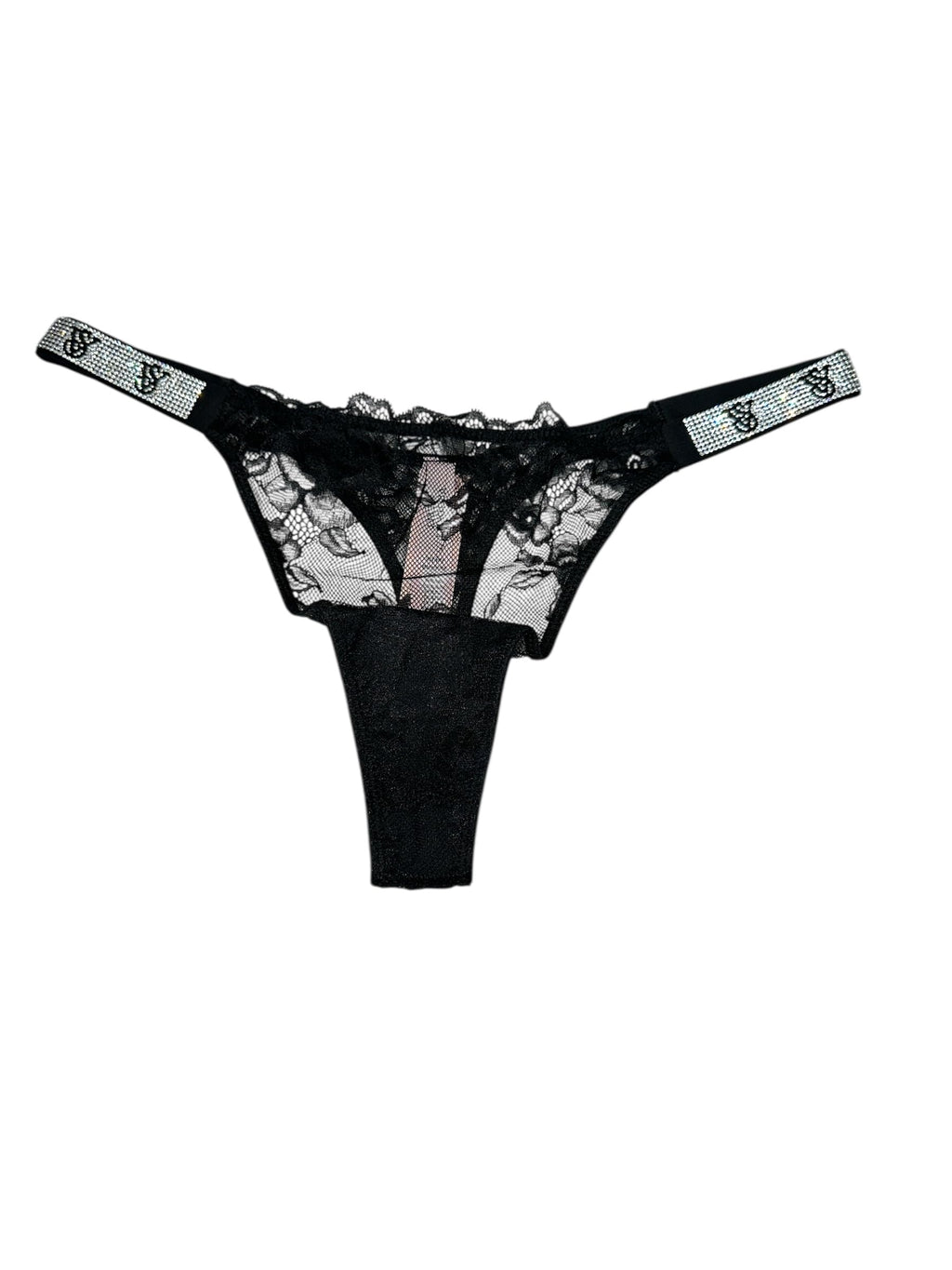 Victoria's Secret Very Sexy Lace Thong Panty Black Shine Strap New