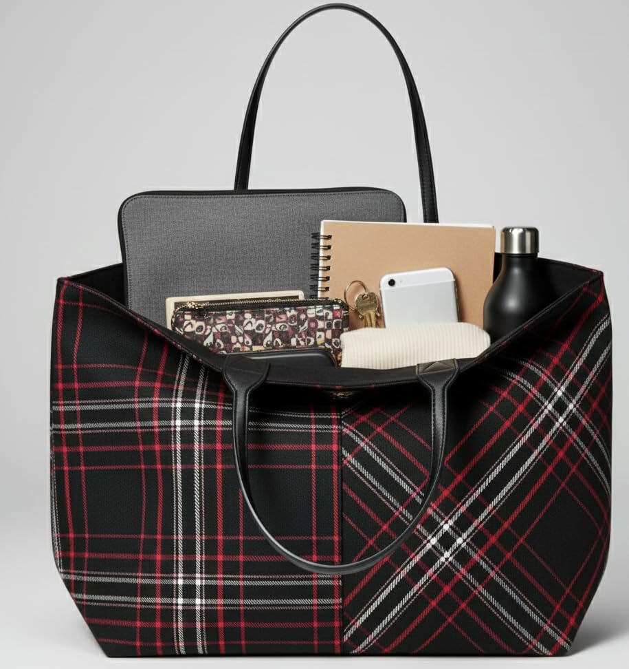 Victoria's Secret Plaid Tote Bag – Cozy Red & Black Winter Plaid with Gold VS Monogram – Top Zip, Interior Slip Pocket – One Size