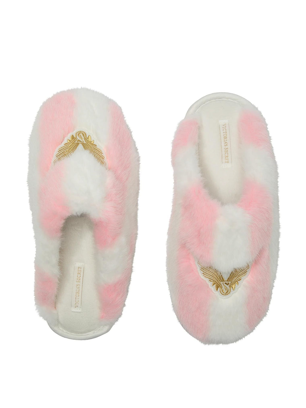 Victoria's Secret Luxe Plush Faux Fur Slippers Pink White Stripe New