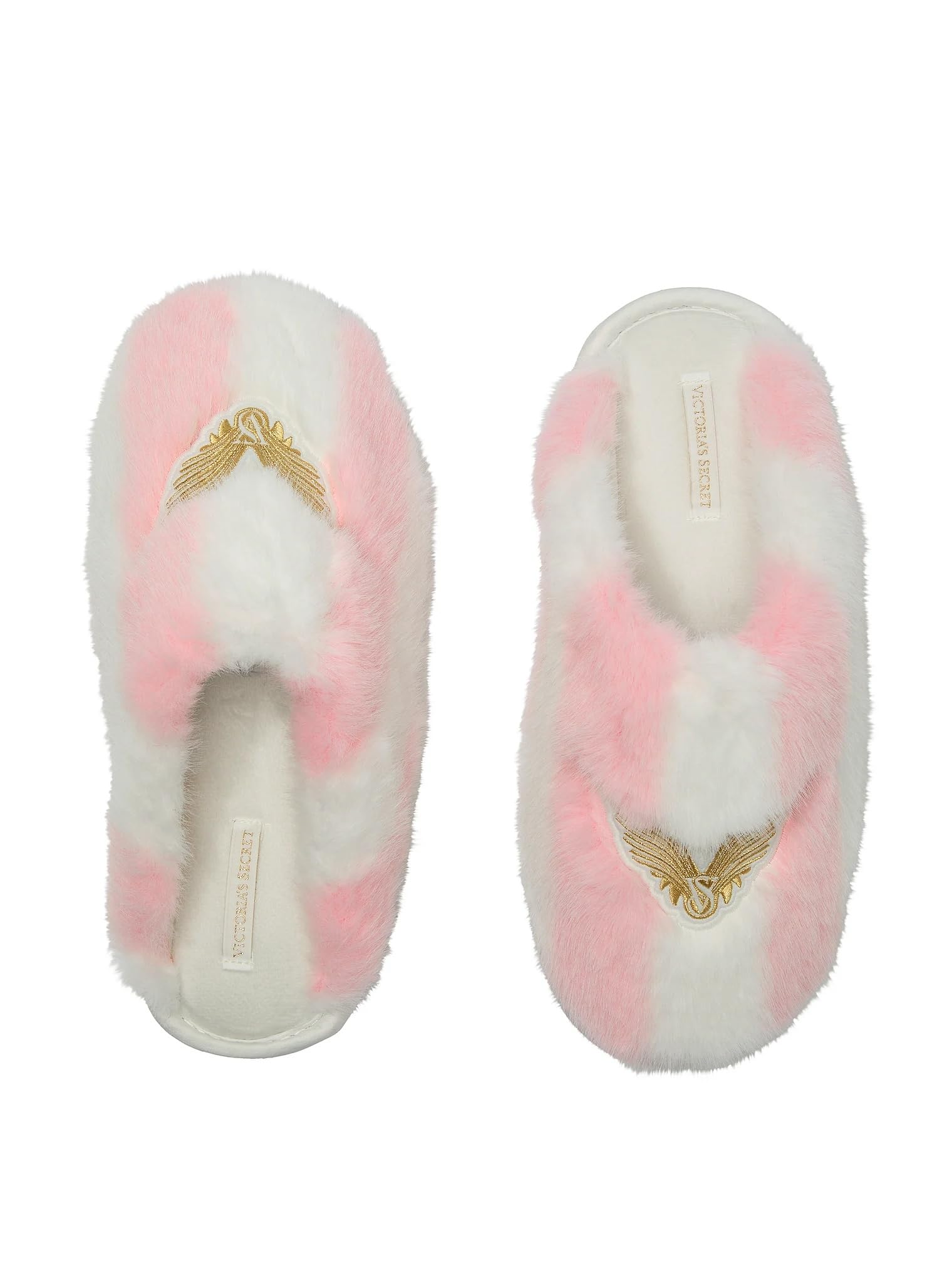 Victoria's Secret Luxe Plush Faux Fur Slippers Pink White Stripe New