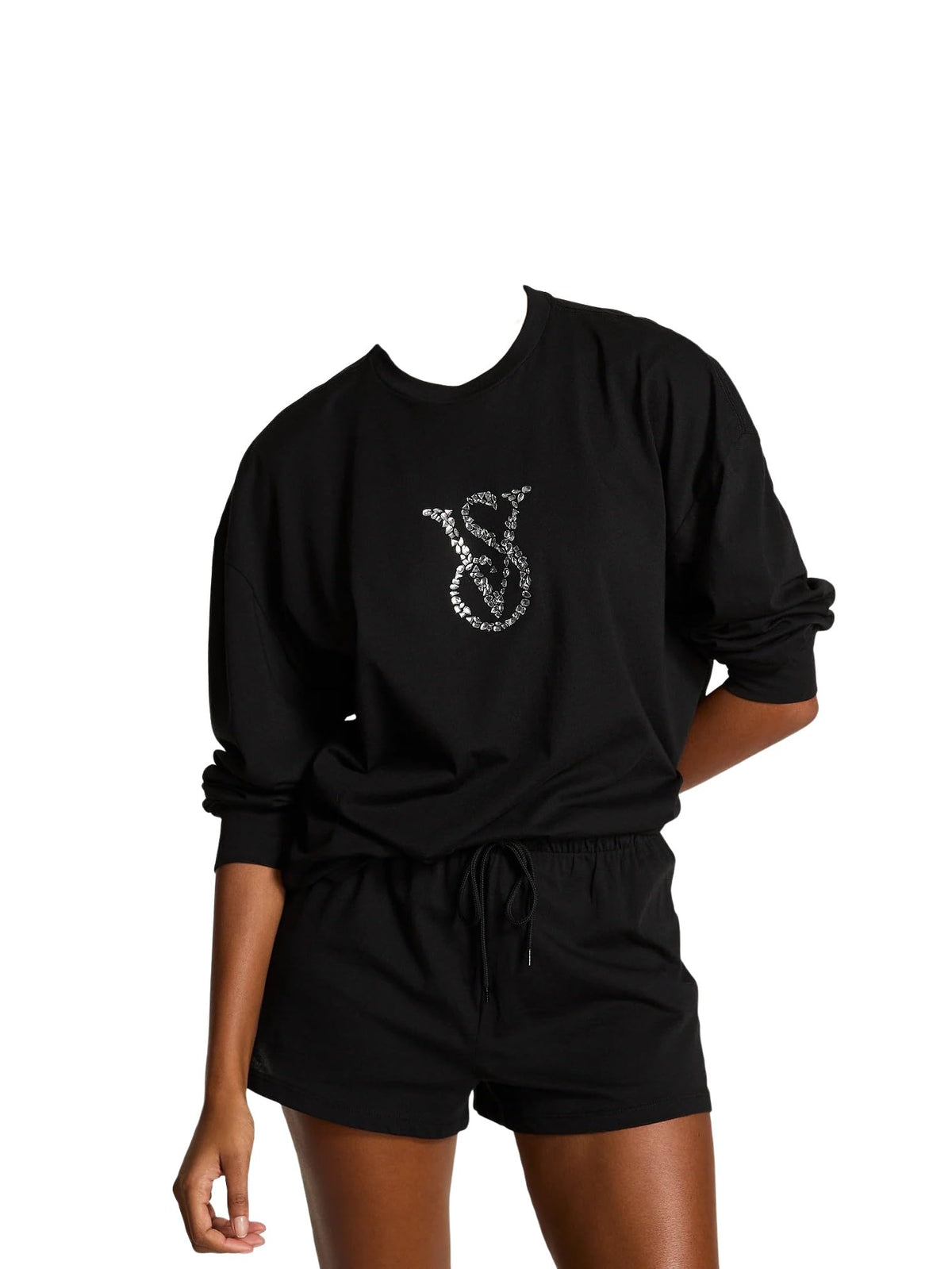 Victoria's Secret Cotton Rhinestone Logo Pajama Set Black New