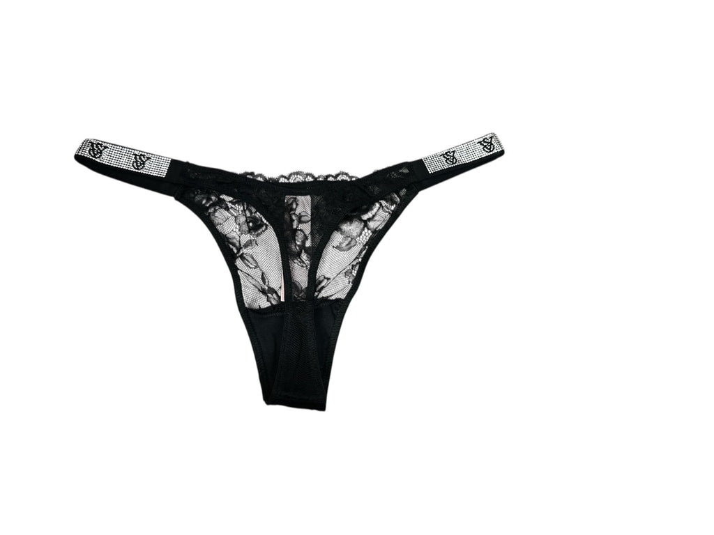 Victoria's Secret Very Sexy Lace Thong Panty Black Shine Strap New