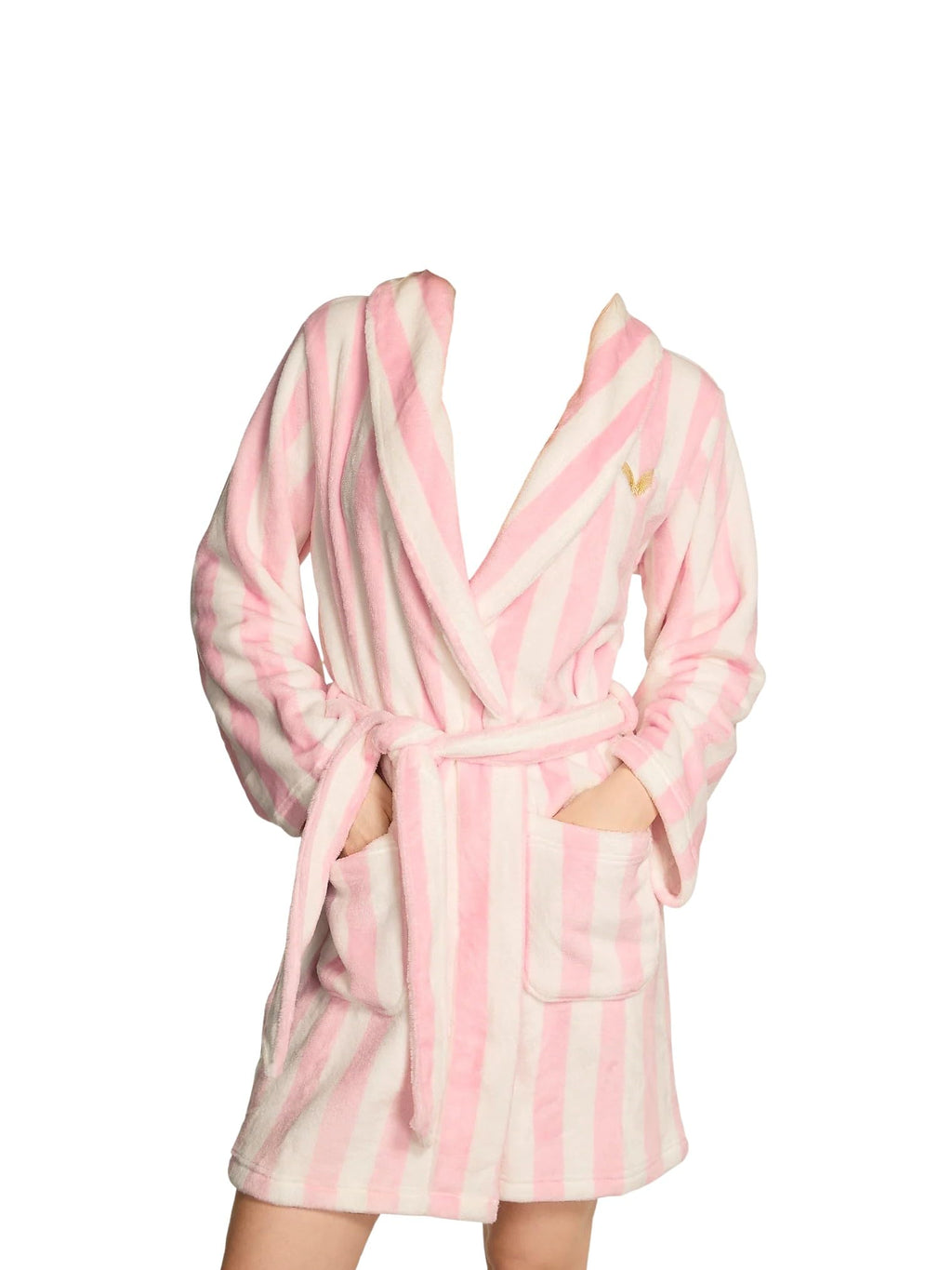 Victoria's Secret Short Cozy Plush Fleece Robe Pink White Stripe Soft Lounge Belted Bathrobe New