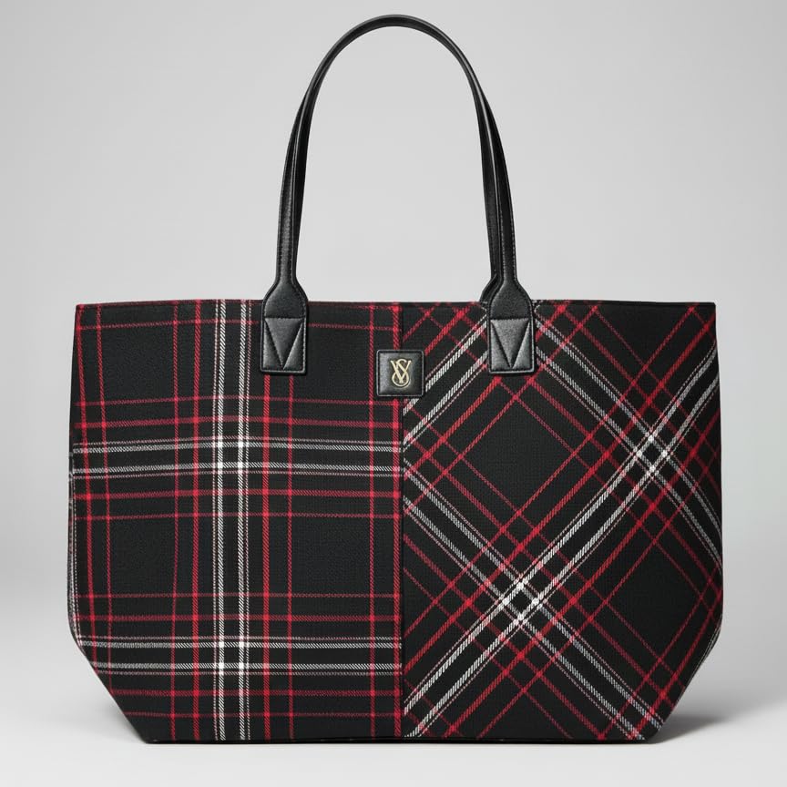 Victoria's Secret Plaid Tote Bag – Cozy Red & Black Winter Plaid with Gold VS Monogram – Top Zip, Interior Slip Pocket – One Size