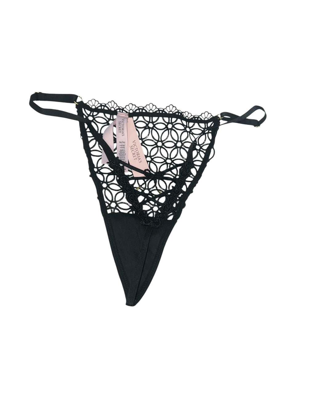 Victoria's Secret Very Sexy Geo Daisy Lace Adjustable V-String Panty Color Black New (US, Alpha, Large, Regular, Regular, Black)