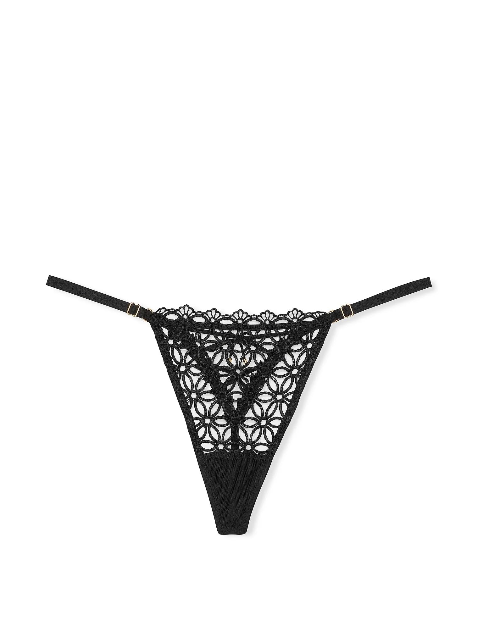 Victoria's Secret Very Sexy Geo Daisy Lace V-String Panty Black New