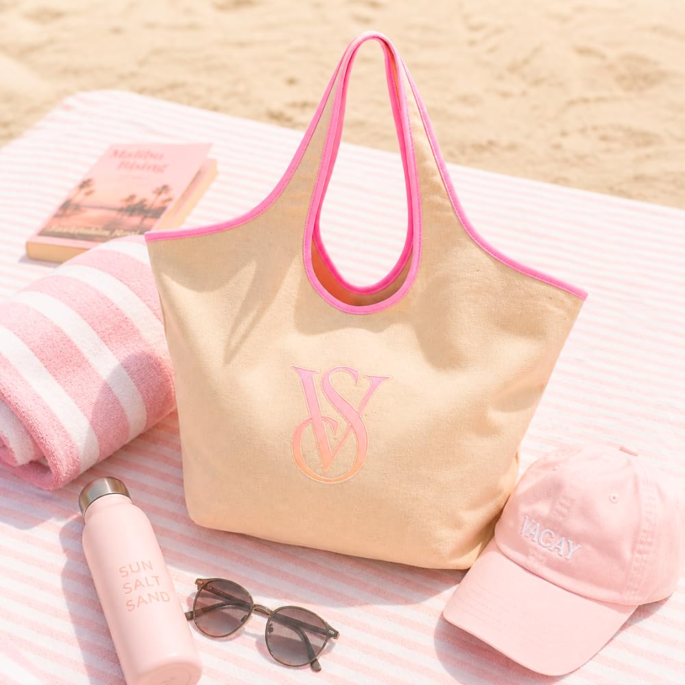 Victoria's Secret Ombré Monogram Logo Tote Bag – Women’s Summer Beach Tote with Gradient Print & Faux Leather Trim