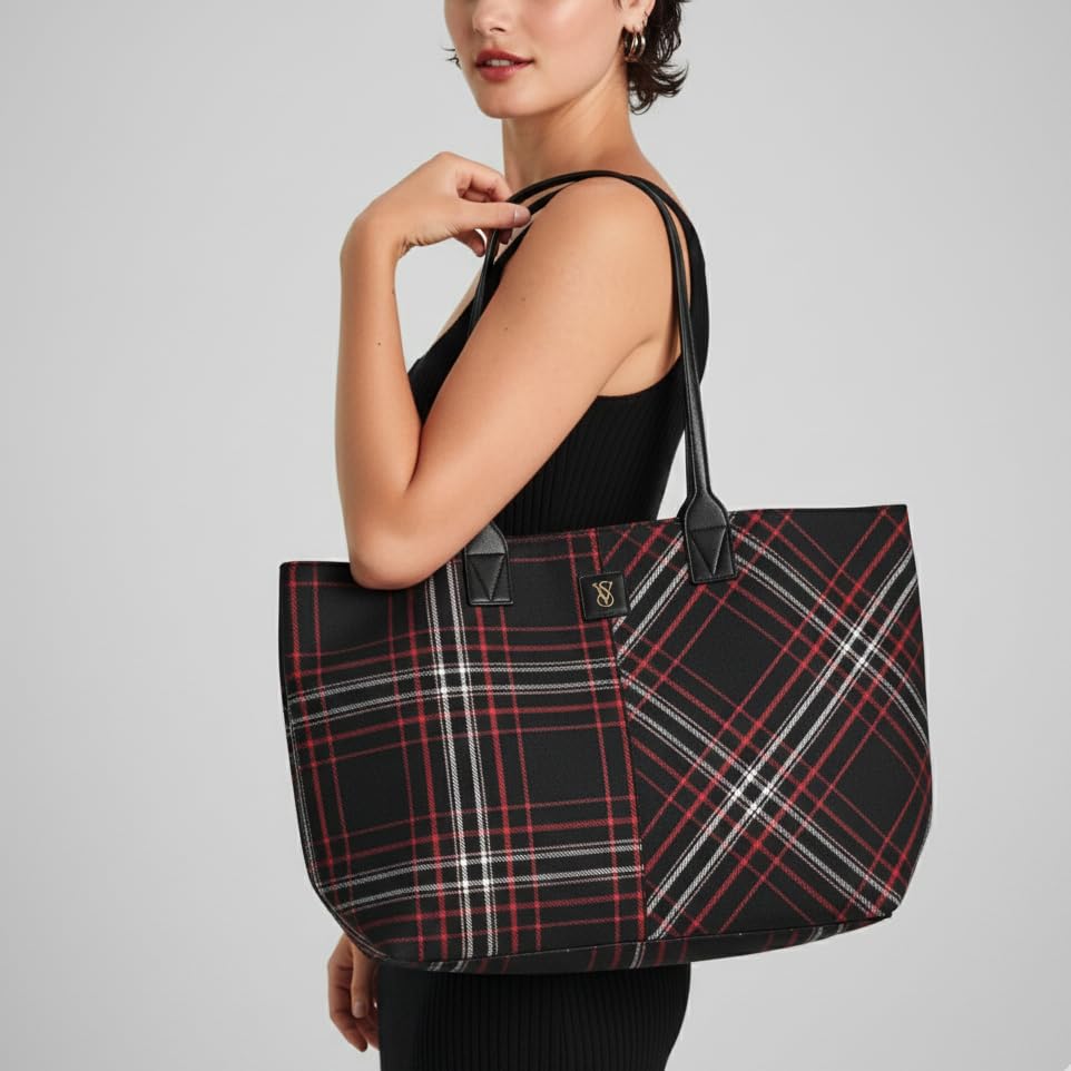 Victoria's Secret Plaid Tote Bag – Cozy Red & Black Winter Plaid with Gold VS Monogram – Top Zip, Interior Slip Pocket – One Size